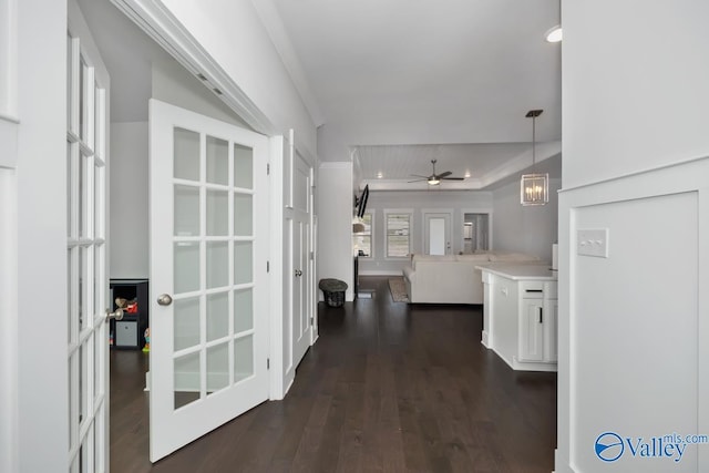 hallway featuring french doors, crown molding, and dark wood-type flooring