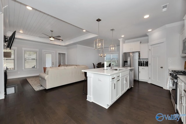 kitchen featuring appliances with stainless steel finishes, an island with sink, and white cabinetry