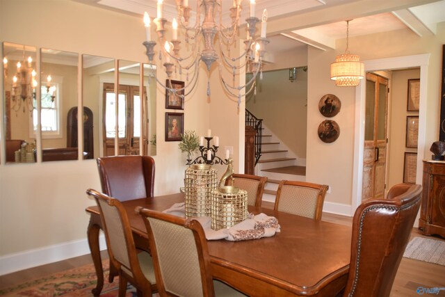 dining room with beam ceiling and wood-type flooring