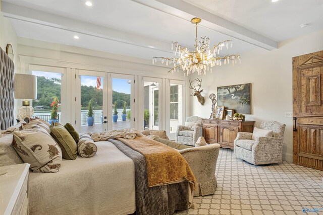 carpeted bedroom with beamed ceiling, an inviting chandelier, french doors, and access to exterior