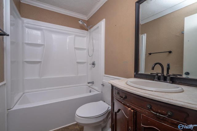 full bathroom featuring vanity, crown molding, toilet, and  shower combination