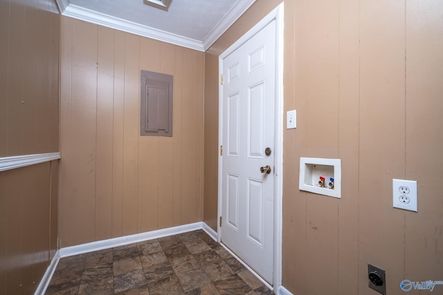 laundry area featuring hookup for an electric dryer, electric panel, wooden walls, ornamental molding, and washer hookup