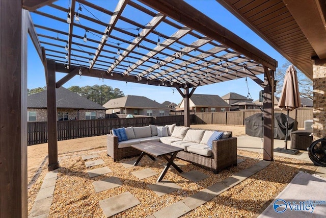 view of patio / terrace with an outdoor hangout area and a pergola