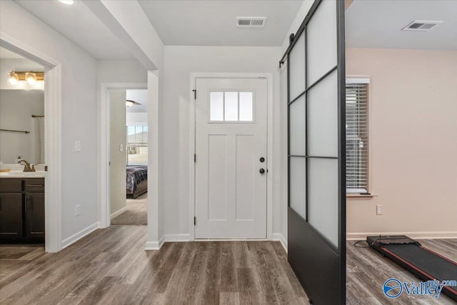 foyer entrance featuring a barn door, hardwood / wood-style flooring, and sink