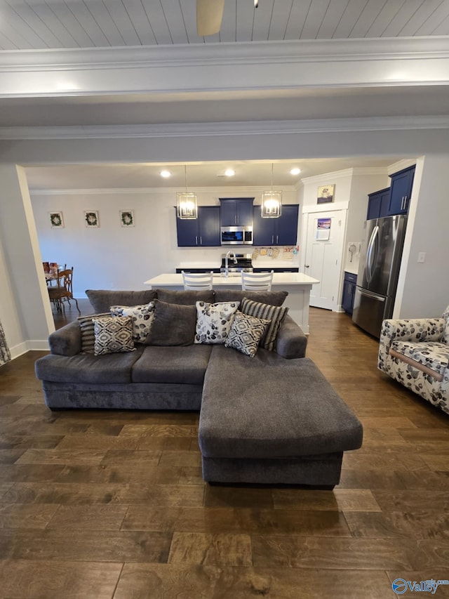 living room featuring recessed lighting, wooden ceiling, ornamental molding, and dark wood-style flooring