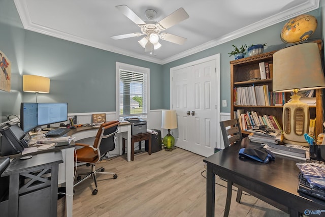199 Ford Chapel Dr, Harvest, AL 35749 - home office featuring ornamental molding, light wood finished floors, a ceiling fan, and a wainscoted wall