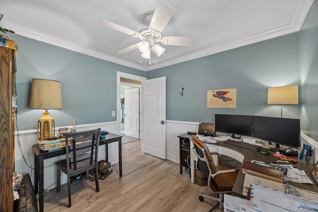 199 Ford Chapel Dr, Harvest, AL 35749 - office with a wainscoted wall, ornamental molding, ceiling fan, and wood finished floors