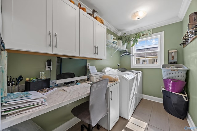 199 Ford Chapel Dr, Harvest, AL 35749 - clothes washing area with independent washer and dryer, cabinet space, baseboards, an office area, and ornamental molding