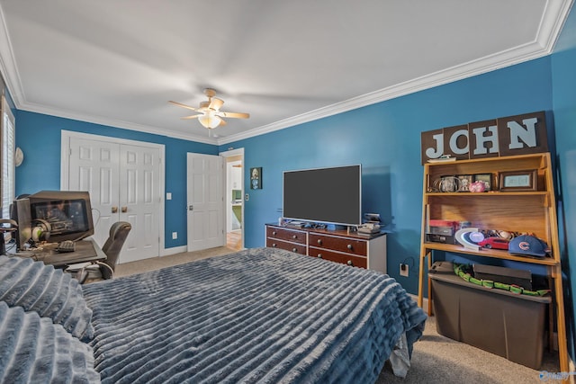 199 Ford Chapel Dr, Harvest, AL 35749 - bedroom featuring carpet floors, crown molding, ceiling fan, a closet, and baseboards