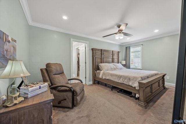 199 Ford Chapel Dr, Harvest, AL 35749 - bedroom featuring light carpet, crown molding, recessed lighting, ceiling fan, and baseboards