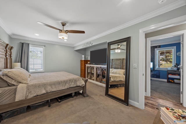 199 Ford Chapel Dr, Harvest, AL 35749 - bedroom featuring multiple windows, ornamental molding, baseboards, light colored carpet, and ceiling fan