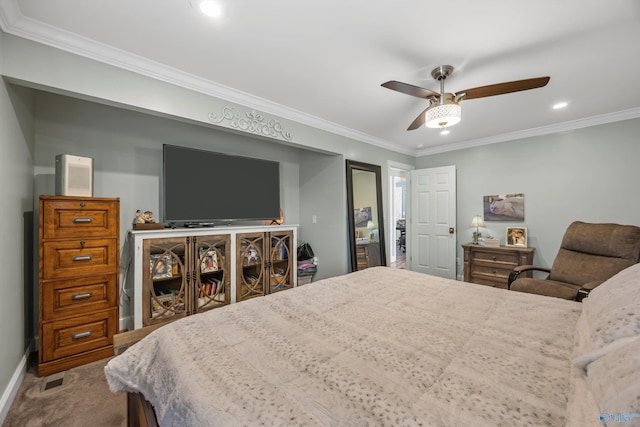 199 Ford Chapel Dr, Harvest, AL 35749 - carpeted bedroom with ornamental molding, recessed lighting, baseboards, and a ceiling fan