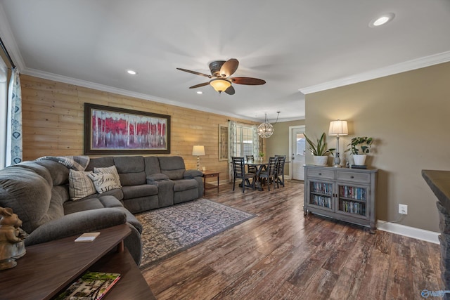 199 Ford Chapel Dr, Harvest, AL 35749 - living room featuring wood walls, baseboards, ornamental molding, ceiling fan, and recessed lighting