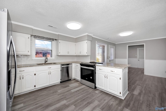 kitchen featuring sink, white cabinetry, wood-type flooring, kitchen peninsula, and stainless steel appliances