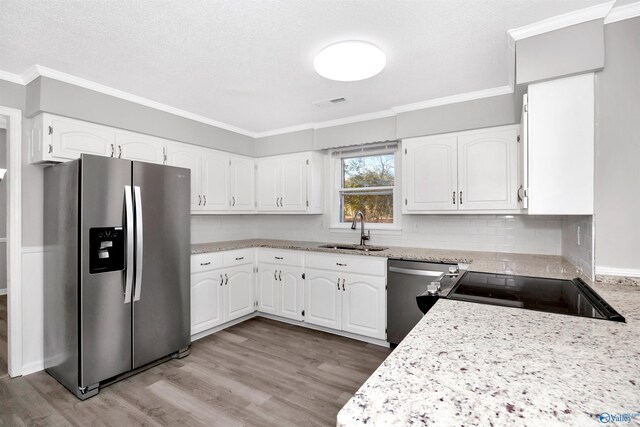 kitchen featuring sink, ornamental molding, stainless steel appliances, and white cabinets