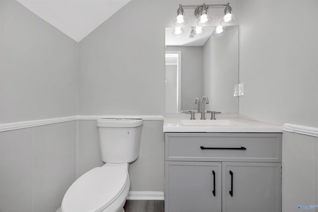 bathroom with vanity, wood-type flooring, lofted ceiling, and toilet