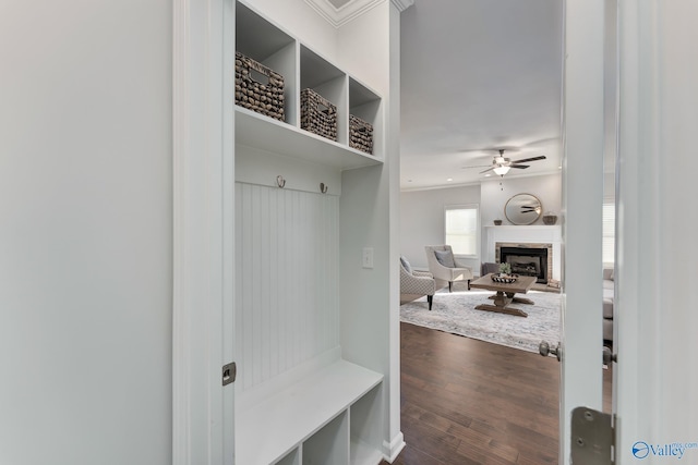 162 Saddle St, New Market, AL 35761 - mudroom featuring a fireplace with raised hearth, a ceiling fan, and dark wood finished floors