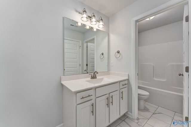 162 Saddle St, New Market, AL 35761 - full bath featuring visible vents, marble finish floor, toilet, vanity, and shower / bathtub combination
