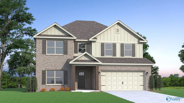 162 Saddle St, New Market, AL 35761 - view of front of home featuring a garage, a front yard, brick siding, board and batten siding, and driveway
