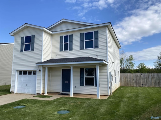 traditional home with a front yard, driveway, fence, and a garage