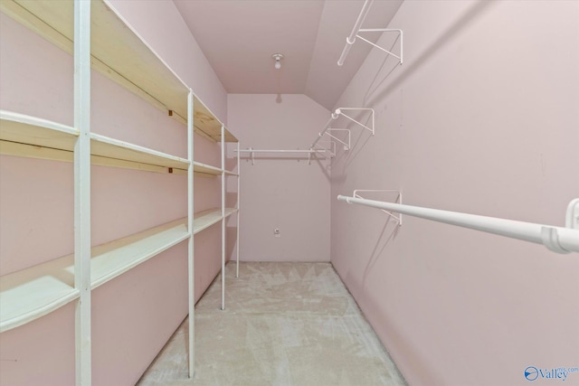 spacious closet with lofted ceiling and carpet flooring