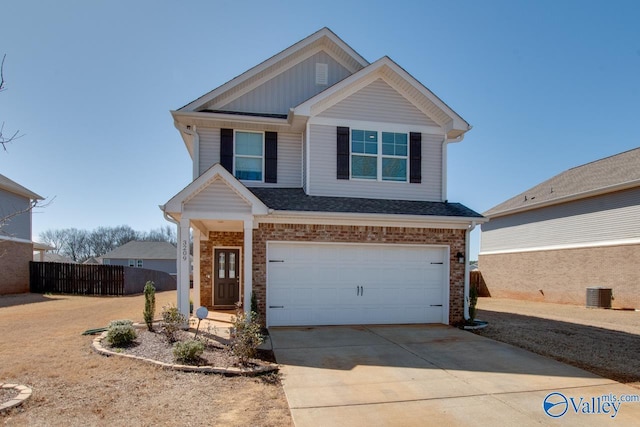 view of front of house with brick siding, board and batten siding, central AC, driveway, and an attached garage