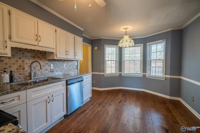 kitchen with stone countertops, dark wood-style flooring, a sink, white cabinets, and stainless steel dishwasher