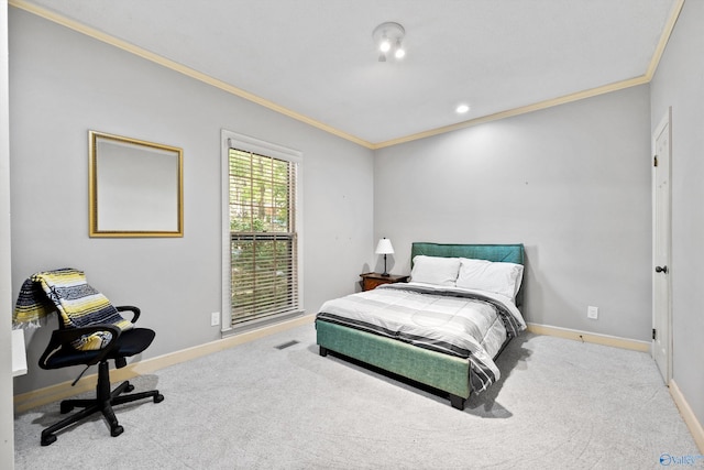 bedroom featuring ornamental molding and light carpet