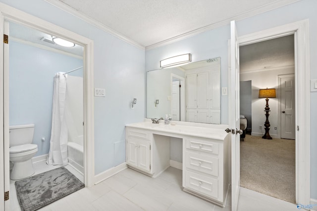 full bathroom with toilet, shower / tub combo, crown molding, vanity, and a textured ceiling