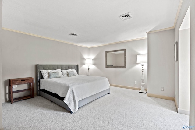 carpeted bedroom featuring ornamental molding