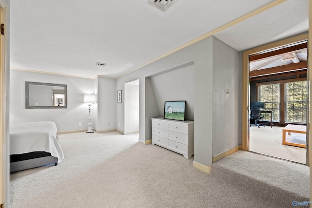 bedroom featuring light carpet and crown molding