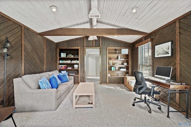 carpeted office space with wood walls, wooden ceiling, and lofted ceiling with beams