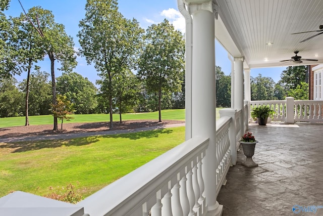 exterior space featuring ceiling fan and a porch