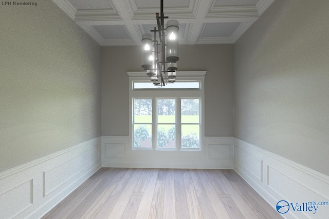 unfurnished dining area featuring coffered ceiling, beam ceiling, light hardwood / wood-style floors, and a chandelier