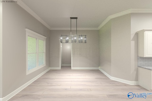 unfurnished dining area featuring crown molding, a chandelier, and light hardwood / wood-style floors