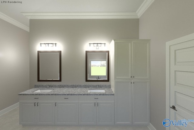 bathroom featuring crown molding, vanity, and tile patterned flooring