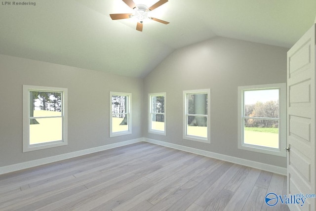 unfurnished room with ceiling fan, lofted ceiling, and light hardwood / wood-style floors