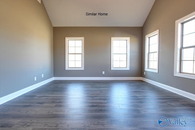 unfurnished room featuring dark wood-type flooring and lofted ceiling