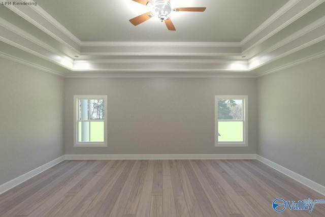 empty room with plenty of natural light, a raised ceiling, and light wood-type flooring