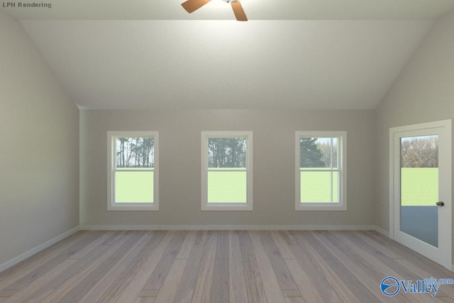 unfurnished room with vaulted ceiling, ceiling fan, and light wood-type flooring