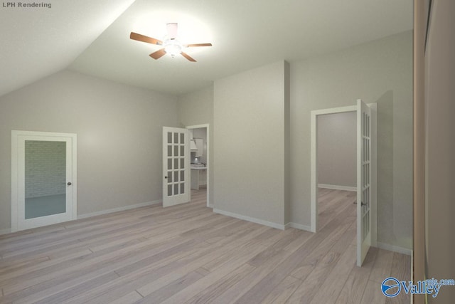 interior space with french doors, ceiling fan, lofted ceiling, and light hardwood / wood-style flooring