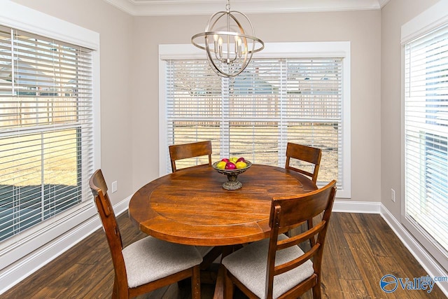 dining room with baseboards, dark wood-type flooring, and ornamental molding