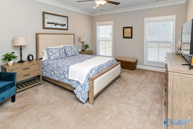 bedroom with multiple windows, light colored carpet, and ornamental molding