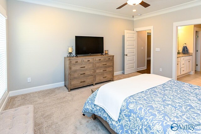 bedroom with light colored carpet, a ceiling fan, crown molding, and baseboards