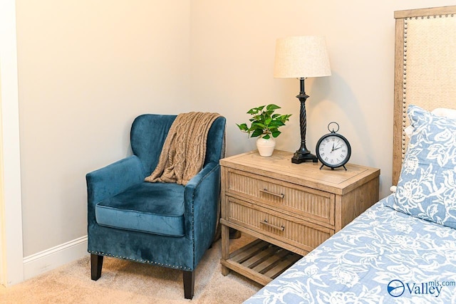 bedroom with baseboards and carpet