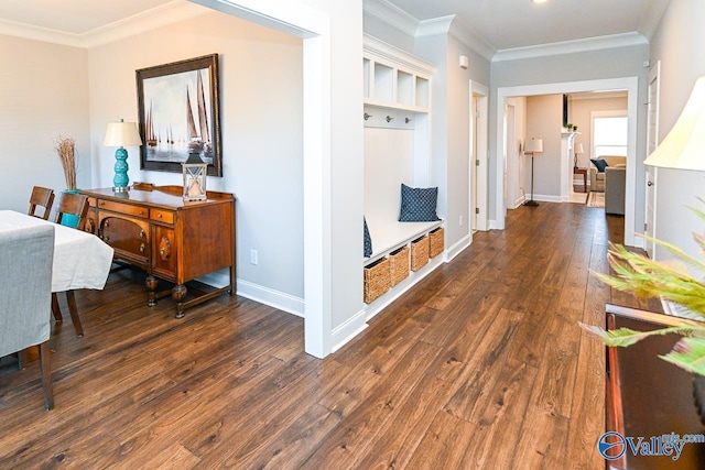 corridor with dark wood finished floors, crown molding, and baseboards