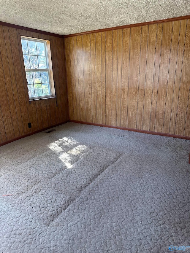 carpeted empty room featuring wood walls and a textured ceiling