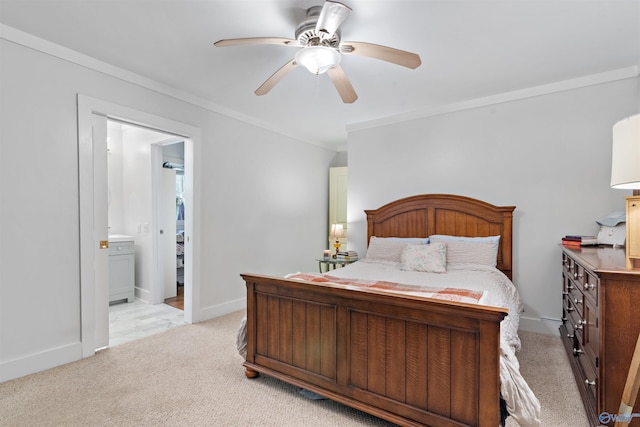 bedroom with light carpet, baseboards, ornamental molding, and a ceiling fan