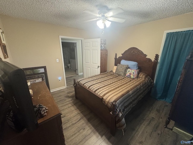 bedroom featuring ceiling fan, a textured ceiling, and wood finished floors