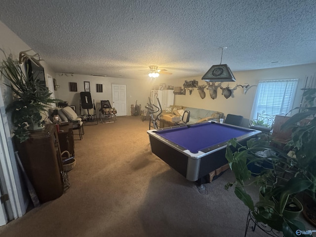 recreation room with ceiling fan, a textured ceiling, pool table, and carpet flooring
